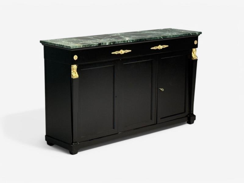 Hollywood Regency, Empire Style, Satin Black Wood, Bronze, Credenza, 1940s - 2