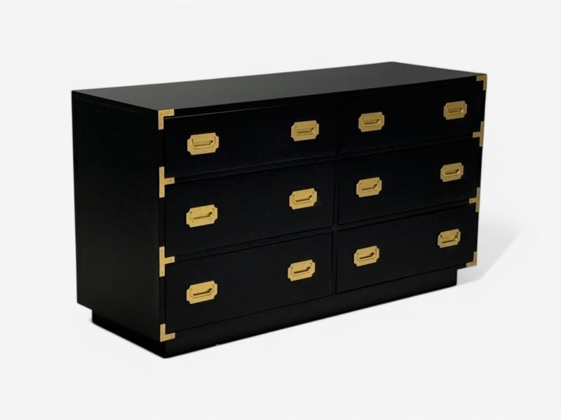 Hollywood Regency, Satin Black Wood, Brass, Campaign Dresser USA, 1970s - 2