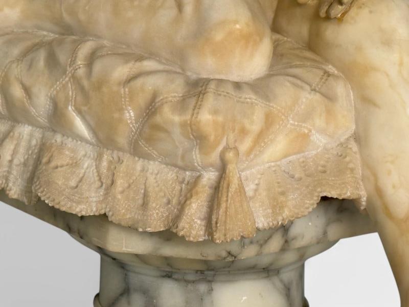 Neoclassical, Winged Angel On Pillow, Alabaster Statue on Pedestal, Italy, 1920s - 11
