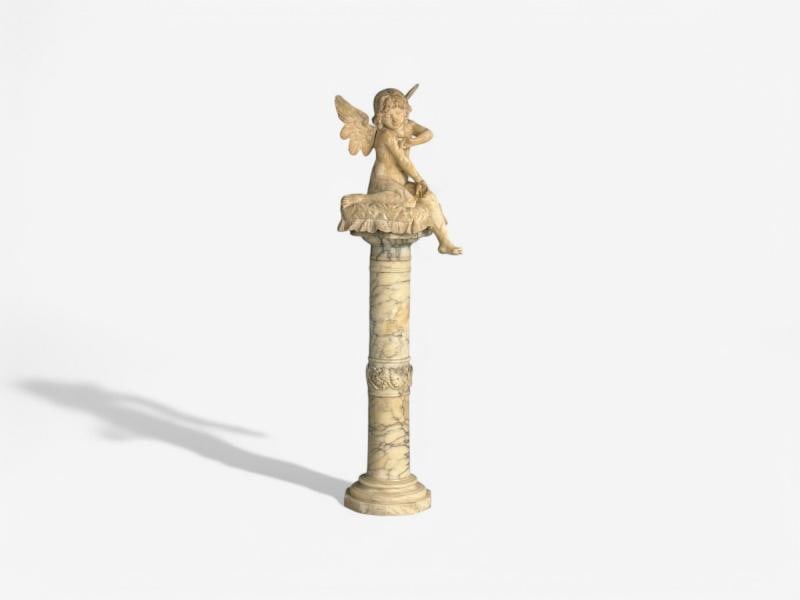 Neoclassical, Winged Angel On Pillow, Alabaster Statue on Pedestal, Italy, 1920s - 2