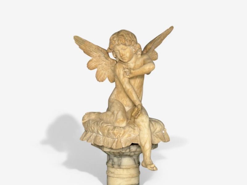 Neoclassical, Winged Angel On Pillow, Alabaster Statue on Pedestal, Italy, 1920s - 5