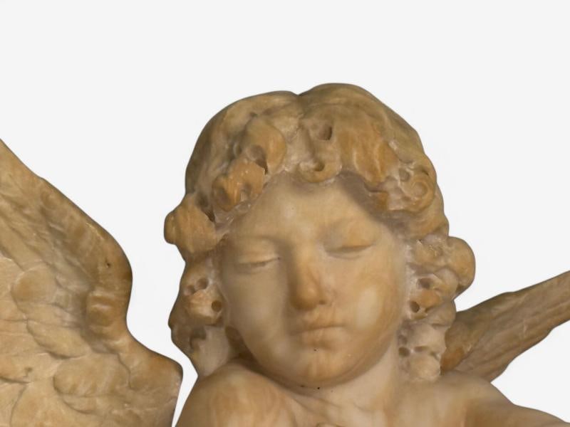 Neoclassical, Winged Angel On Pillow, Alabaster Statue on Pedestal, Italy, 1920s - 6
