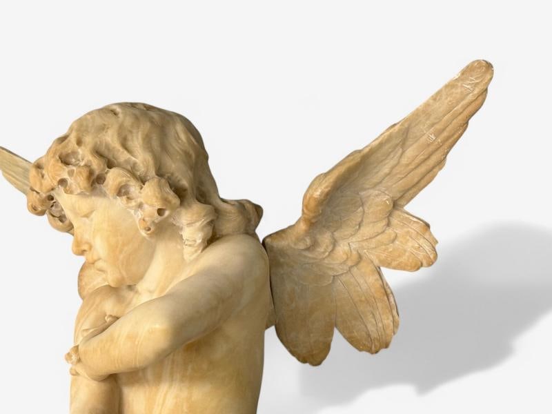 Neoclassical, Winged Angel On Pillow, Alabaster Statue on Pedestal, Italy, 1920s - 7