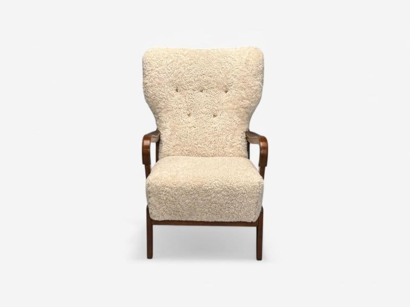 Danish Mid-Century Modern, Beige Sheepskin, Beech, Lounge Chair, Denmark, 1960s - 2