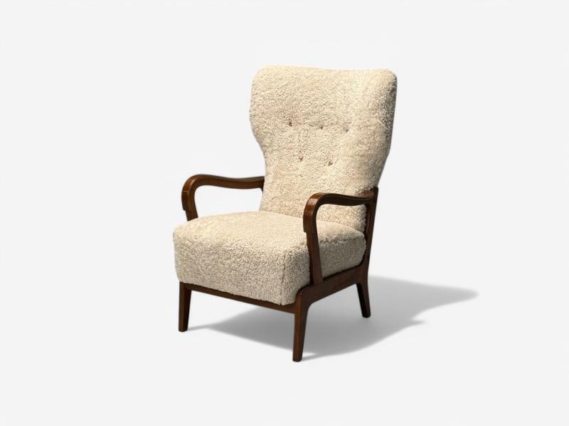 Danish Mid-Century Modern, Beige Sheepskin, Beech, Lounge Chair, Denmark, 1960s - 3