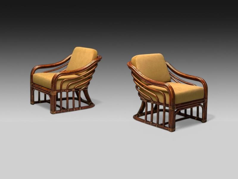 Brown Jordan, Mid-Century Modern, Bamboo, Camel Fabric, Lounge Chairs, 1960s - 2