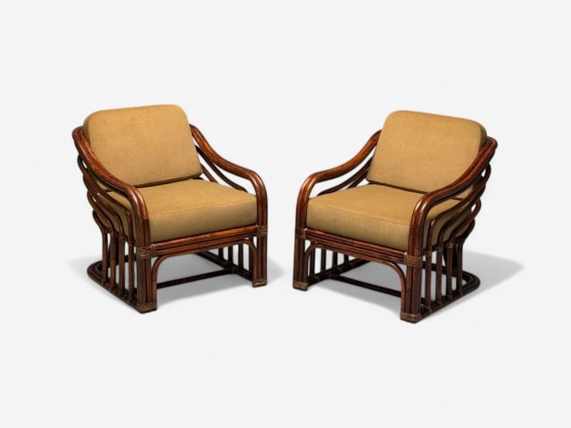 Brown Jordan, Mid-Century Modern, Bamboo, Camel Fabric, Lounge Chairs, 1960s - 3