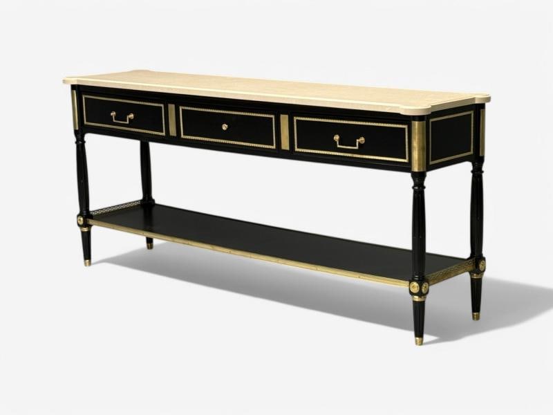 Maison Jansen attr, Hollywood Regency, Satin Black Mahogany, Large Console Table - 2