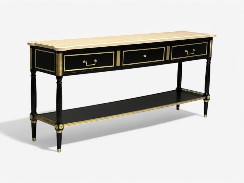 Maison Jansen attr, Hollywood Regency, Satin Black Mahogany, Large Console Table - 4