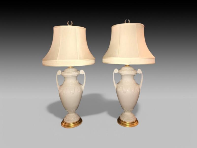Frederick Cooper, Lenox, Neoclassical Style, White Porcelain, Table Lamps, 1980s - 2