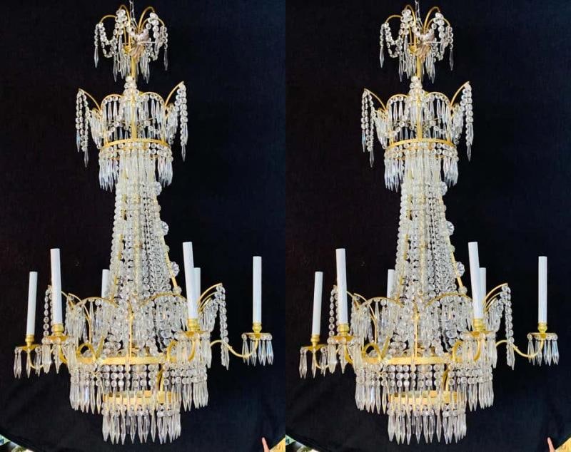 Pair of Russian Neoclassical Style Bronze and Crystal 7-Light Chandeliers - 2