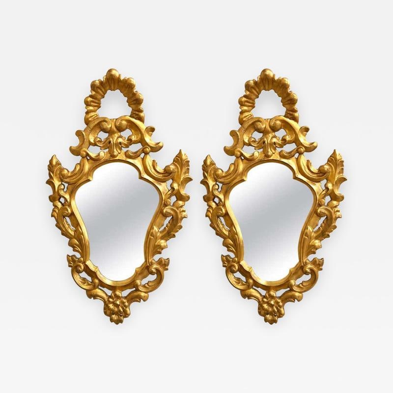 Pair of Italian Rococo Wall Mirrors, Giltwood Carved: Title: Pair of Italian Rococo Wall Mirrors, Giltwood Carved Description: Pair of Italian Rococo wall mirrors. This is simply the sweetest pair of gilt and gesso carved wall mirrors having a Hollywood