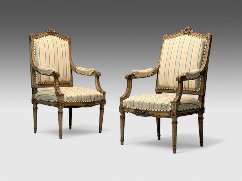 Maison Jansen attr, Louis XVI, Painted Wood, Fabric, Arm Chairs, France, 1940s - 2