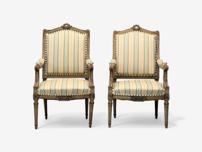 Maison Jansen attr, Louis XVI, Painted Wood, Fabric, Arm Chairs, France, 1940s - 3