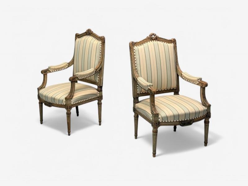 Maison Jansen attr, Louis XVI, Painted Wood, Fabric, Arm Chairs, France, 1940s - 4