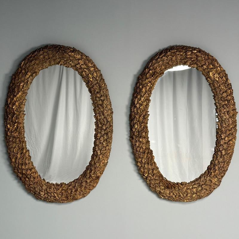 Hollywood Regency, Large Oval Wall Mirrors, Carved Giltwood, Leaf Motif, 21st C. - 2