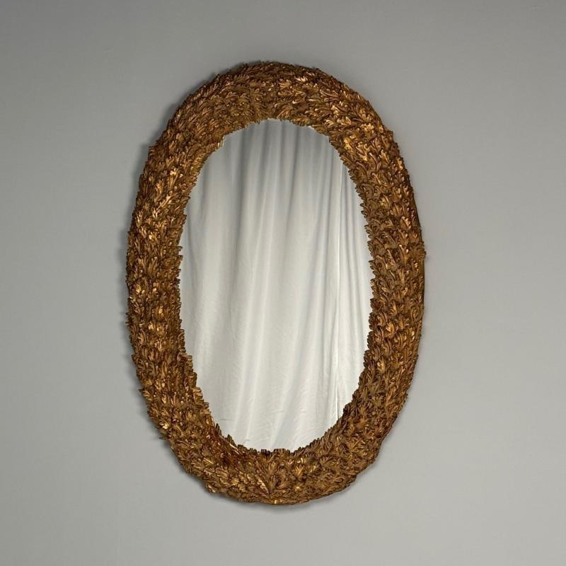 Hollywood Regency, Large Oval Wall Mirrors, Carved Giltwood, Leaf Motif, 21st C. - 4