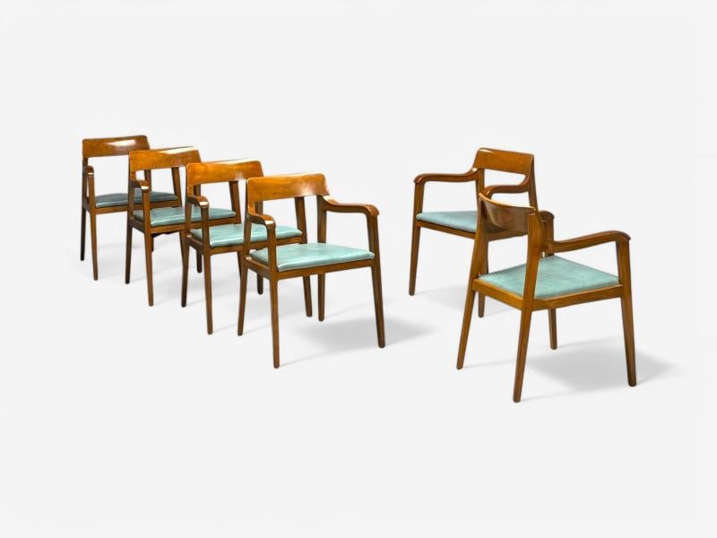 Edward Wormley, Dunbar, Six Riemerschmid Dining Chairs, Walnut, Leather, 1940s - 2