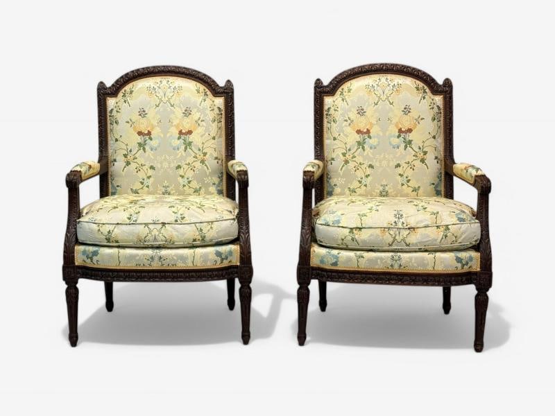 Louis XVI Style, Beechwood, Floral Fabric, Bergere Chairs, France, 1940s - 2