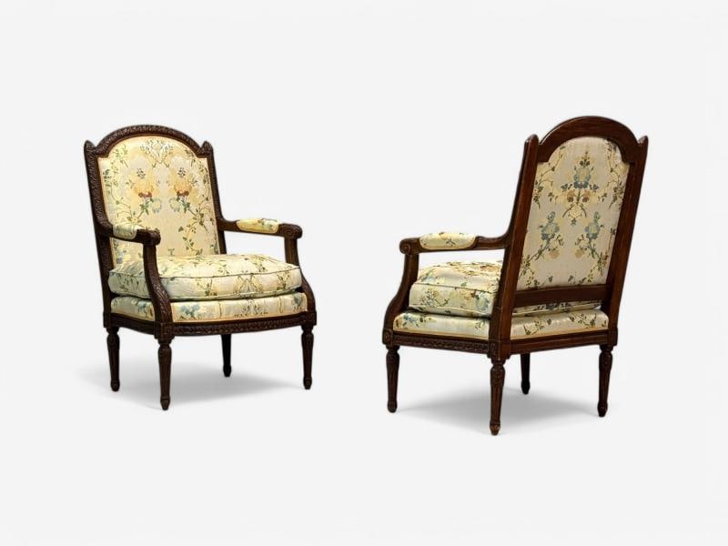 Louis XVI Style, Beechwood, Floral Fabric, Bergere Chairs, France, 1940s - 6
