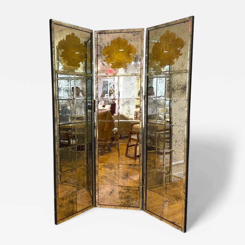 Art Deco Style, Antique Glass, Distressed Mirror, Room Divider, USA, 20th C.: Title: Art Deco Style, Antique Glass, Distressed Mirror, Room Divider, USA, 20th C. Description: Art Deco Style, Antique Glass, Distressed Mirror, Room Divider, Folding Screen, USA, 20th C. Monumental