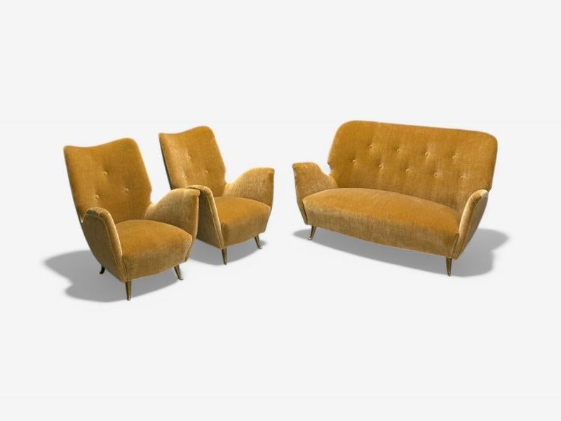 ISA Bergamo, Italian Mid-Century Modern, Bronze, Camel Mohair, Sofa Set, 1950s - 2