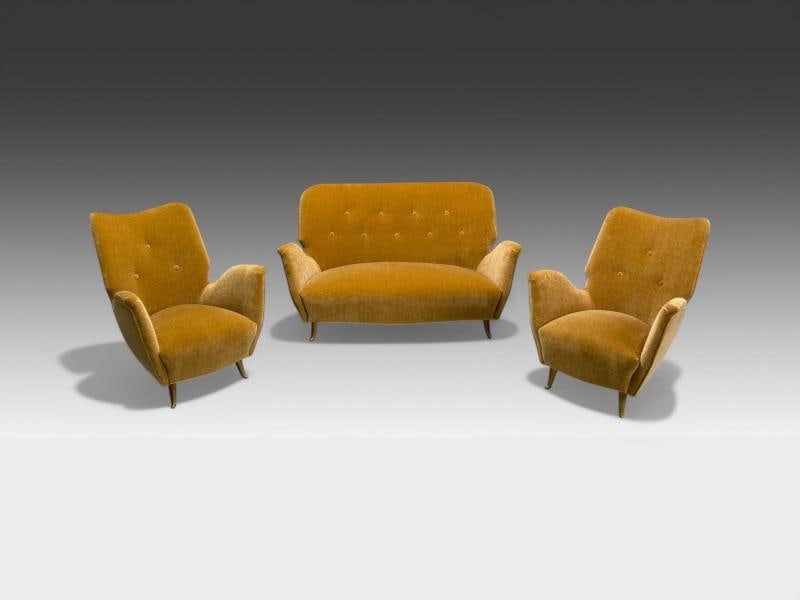 ISA Bergamo, Italian Mid-Century Modern, Bronze, Camel Mohair, Sofa Set, 1950s - 3