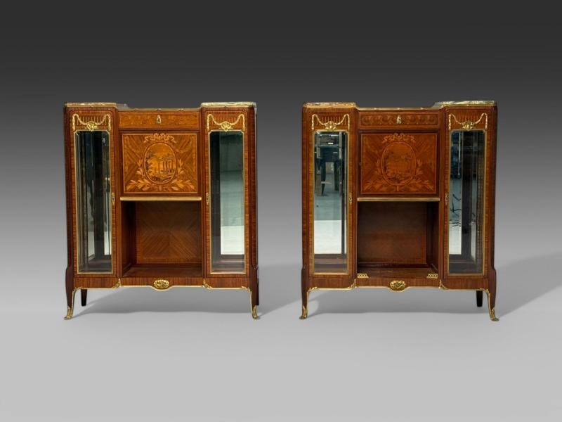 Haentges Frères, Louis XVI, Marquetry, Bronze, Vitrine Cabinets, Paris, 19th C. - 5