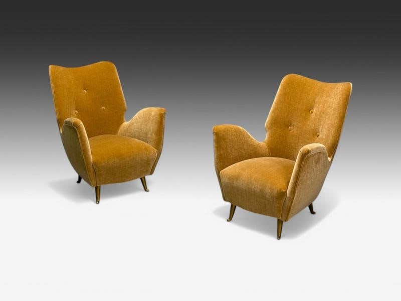 ISA Bergamo, Italian Mid-Century, Bronze, Camel Mohair, Lounge Chairs, 1950s - 3