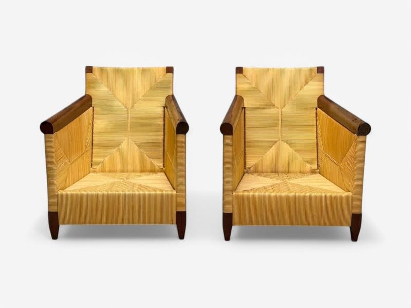 John Hutton, Donghia, Mahogany, Wicker Cane, Merbau Lounge Chairs, USA, 1995 - 2