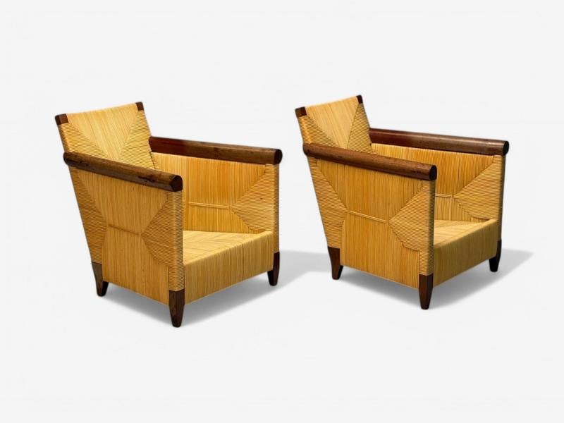 John Hutton, Donghia, Mahogany, Wicker Cane, Merbau Lounge Chairs, USA, 1995 - 4