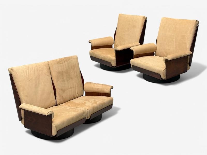 Bernard Brunier, French Mid-Century Modern, Rosewood, Suede, Low Lounge Chairs - 12