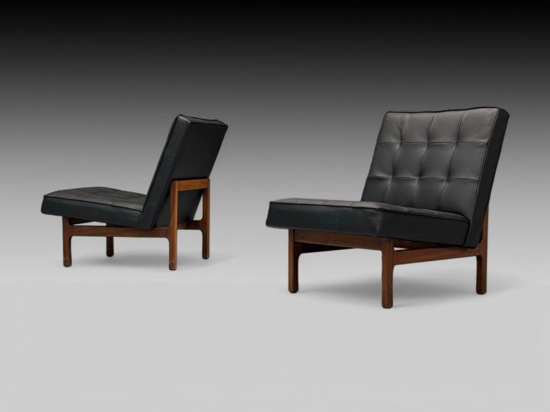 Thayer Coggin, Danish Modern Style, Tufted Black Leather, Lounge Chairs, 21st C. - 2