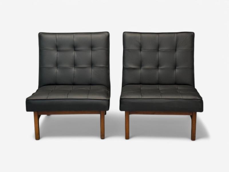Thayer Coggin, Danish Modern Style, Tufted Black Leather, Lounge Chairs, 21st C. - 5