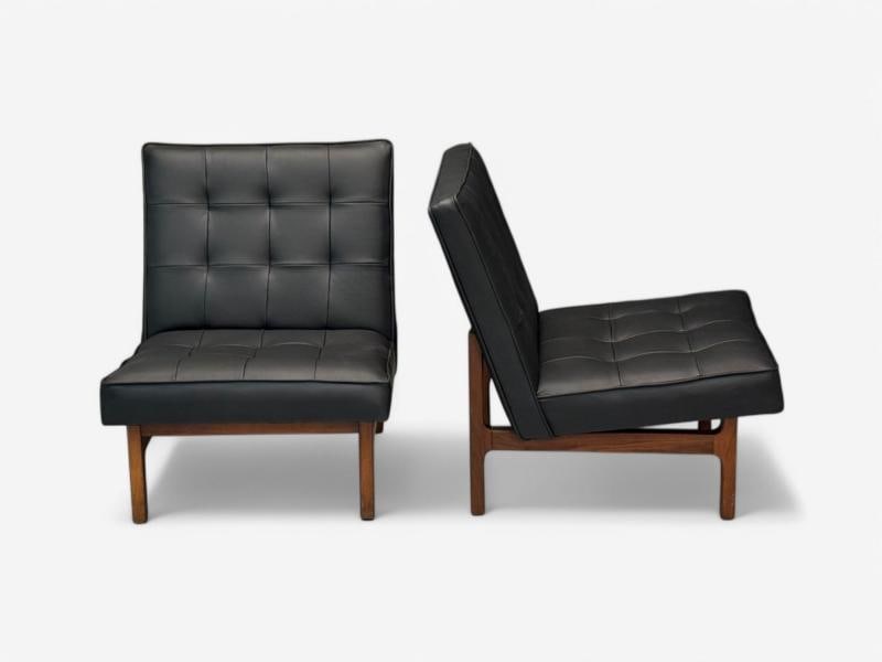Thayer Coggin, Danish Modern Style, Tufted Black Leather, Lounge Chairs, 21st C. - 7