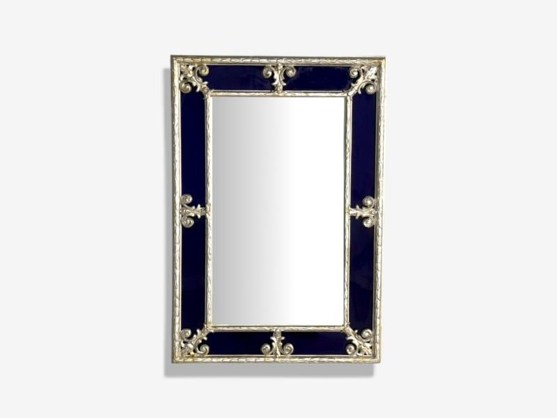 Hollywood Regency Style, Small Mirror, Cobalt Blue Glass, Silver Leaf, 1980s - 2