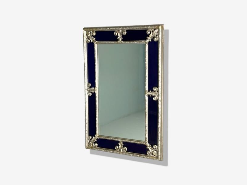 Hollywood Regency Style, Small Mirror, Cobalt Blue Glass, Silver Leaf, 1980s - 3