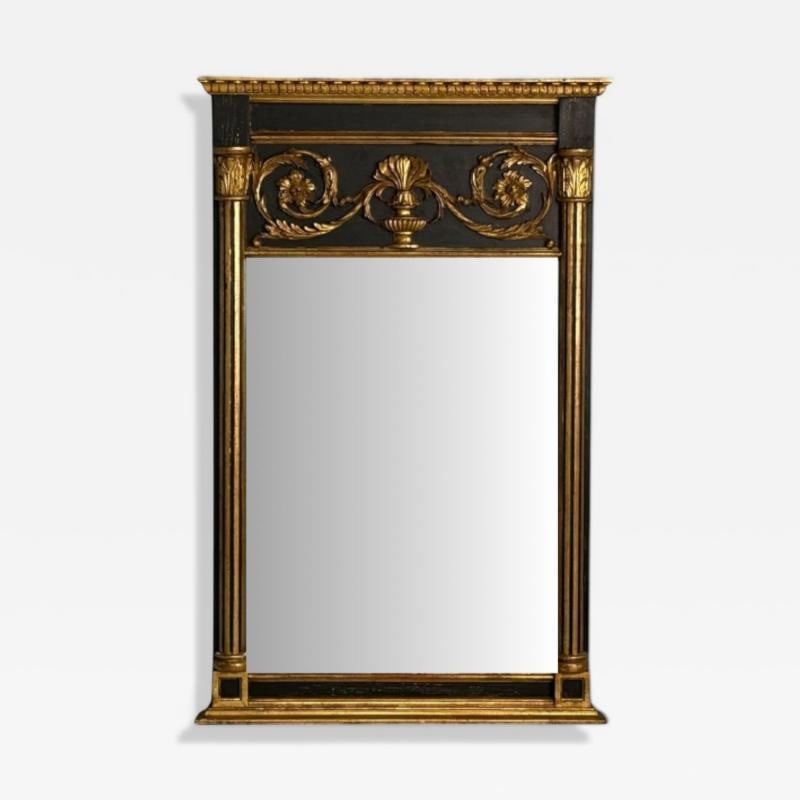 Neoclassical Style, Trumeau Mirror, Black Painted Wood, Giltwood, Italy, 20th C.: Title: Neoclassical Style, Trumeau Mirror, Black Painted Wood, Giltwood, Italy, 20th C. Description: Neoclassical Style, Trumeau Mirror, Black Painted Wood, Giltwood, Italy, 20th C. An Italian Neoclas