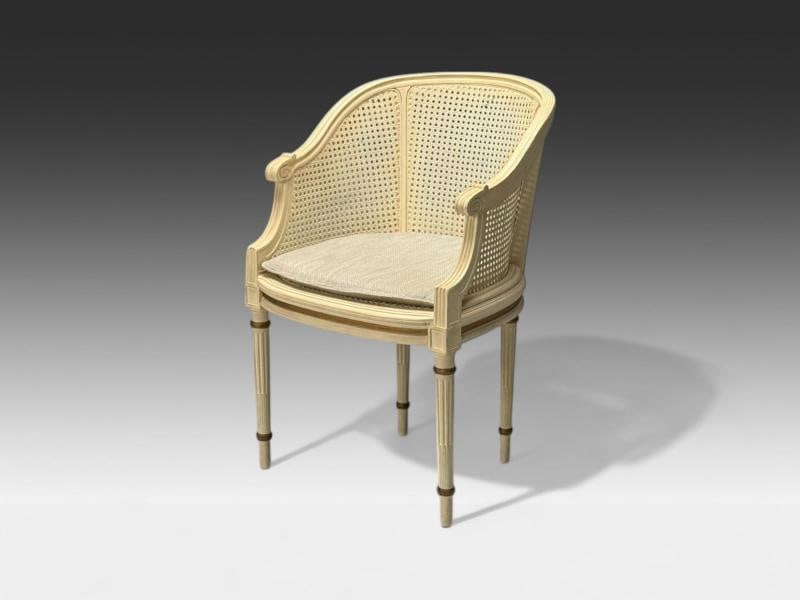 Louis XVI Style, Barrel Back Occasional Chair, Cream Painted Wood, Cane, 1960s - 2