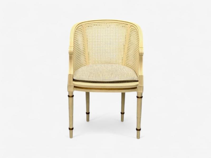 Louis XVI Style, Barrel Back Occasional Chair, Cream Painted Wood, Cane, 1960s - 3