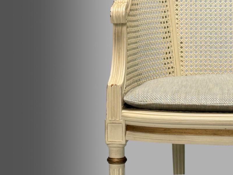 Louis XVI Style, Barrel Back Occasional Chair, Cream Painted Wood, Cane, 1960s - 5