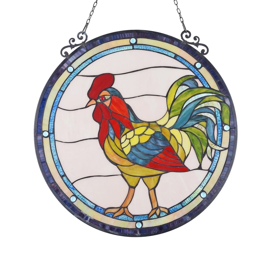 23.5" Round Rooster Stained Glass Window Hanging Panel Suncatcher: Title:23.5" Round Rooster Stained Glass Window Hanging Panel Suncatcher Description:Description 23.5" Wide 38.6" max hanging height with chain Stunning modern reproduction Tiffany Glass Window Panel T