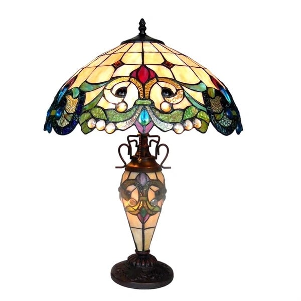 24 1/2" Stained Glass Lighted Base Table Lamp: Title:24 1/2" Stained Glass Lighted Base Table LampDescription:24 1/2" Tall x 18" Wide Wonderful new reproduction Tiffany-style double lit top and lighted base table lamp, a stunning work of art that