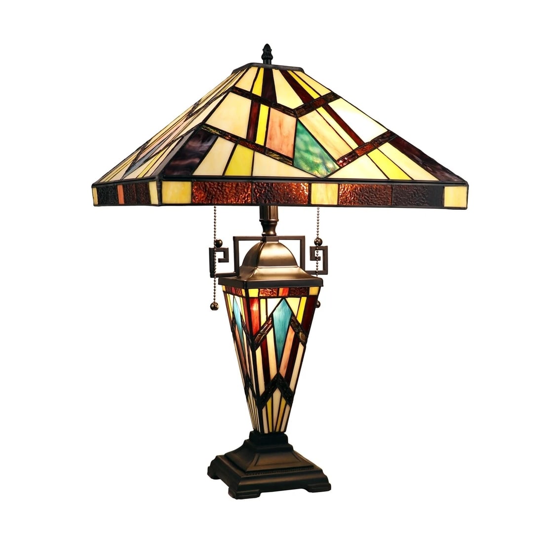 24" 3 light Stained Glass Mission Table Lamp: Title:24" 3 light Stained Glass Mission Table LampDescription:24.1" tall 15.87" wide shade (2) 100 Watt max E26 Type A and (1) 7w E12 Type C Bulbs (not included) Illuminate your space with the