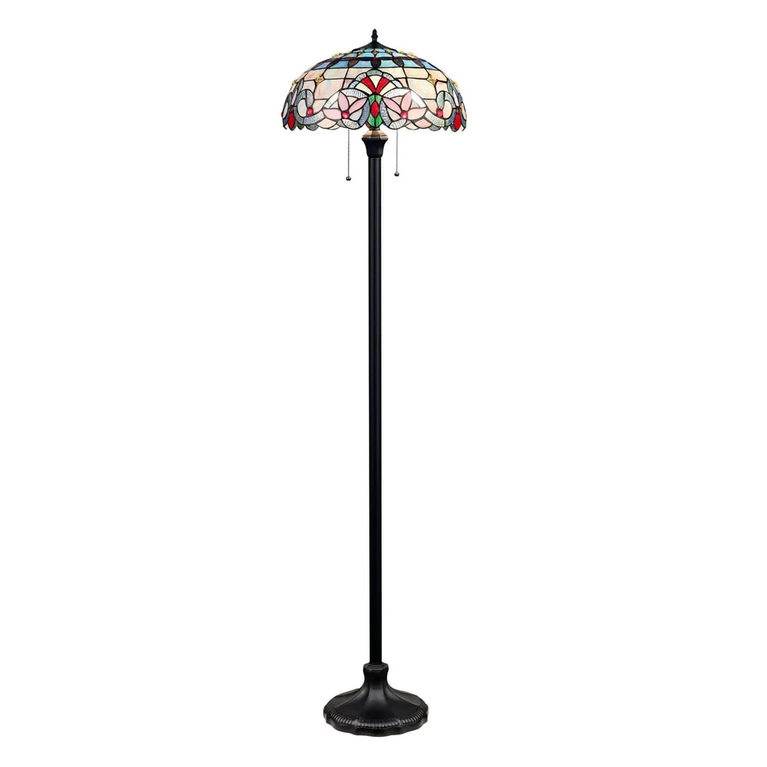 67.3" Stained Glass Floor Lamp: Title:67.3" Stained Glass Floor Lamp Description:67.3" High 17.5" Wide (2) 100 Watt max E26 Type A Bulbs (not included) Wonderful reproduction floor lamp handcrafted in the spirit of the original arti