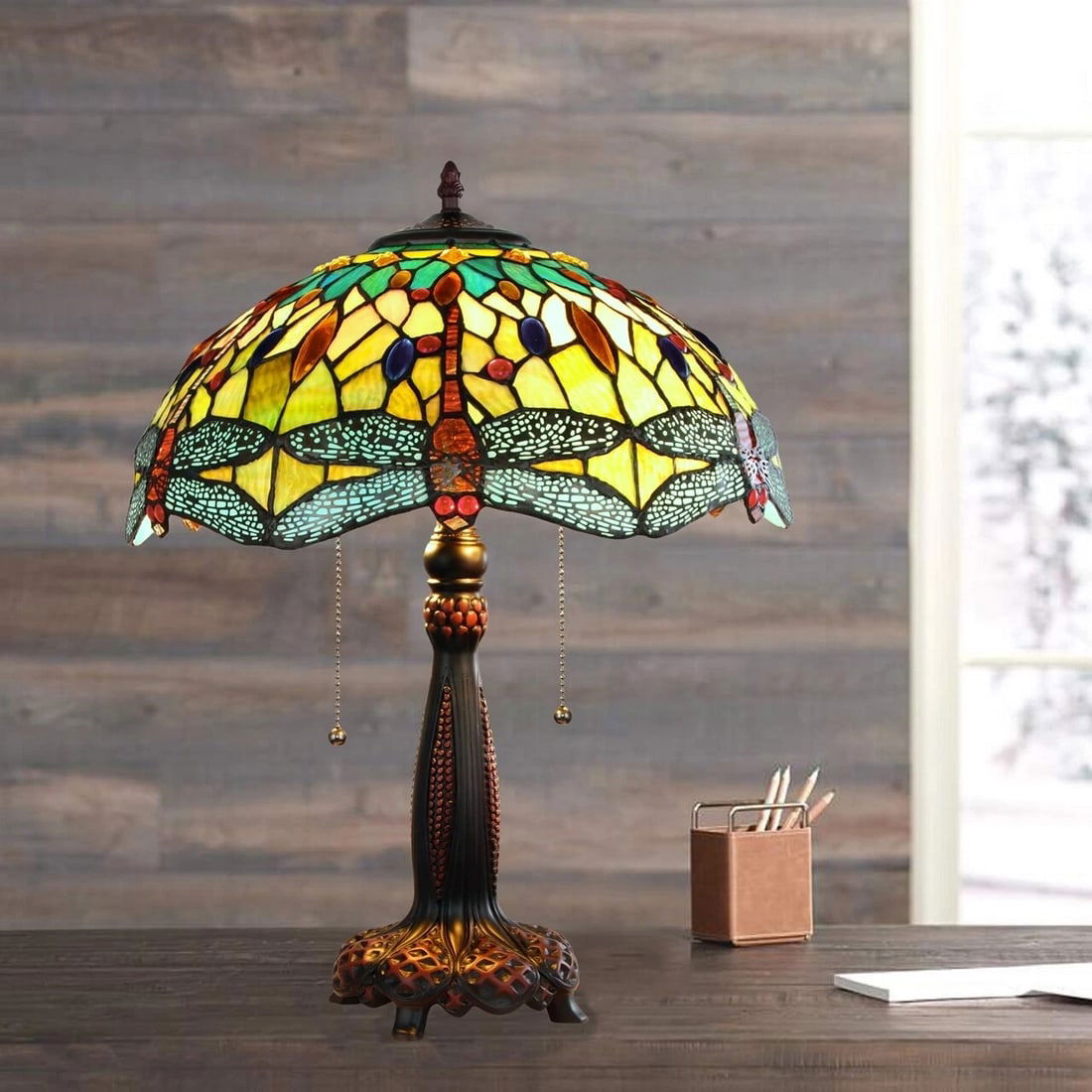 21" Stained Glass Dragonfly Table Lamp - 3