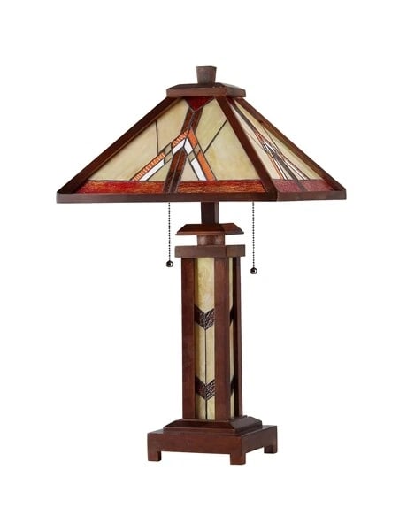 25.6" Stained Glass Wood Mission Table Lamp: Title:25.6" Stained Glass Wood Mission Table LampDescription:25.6" High 15" Wide Shade (2) 60 Watt E26 Type A Bulb + (1) 25 Watt E12 Type C Bulb (not included) Illuminate your space with the timeless