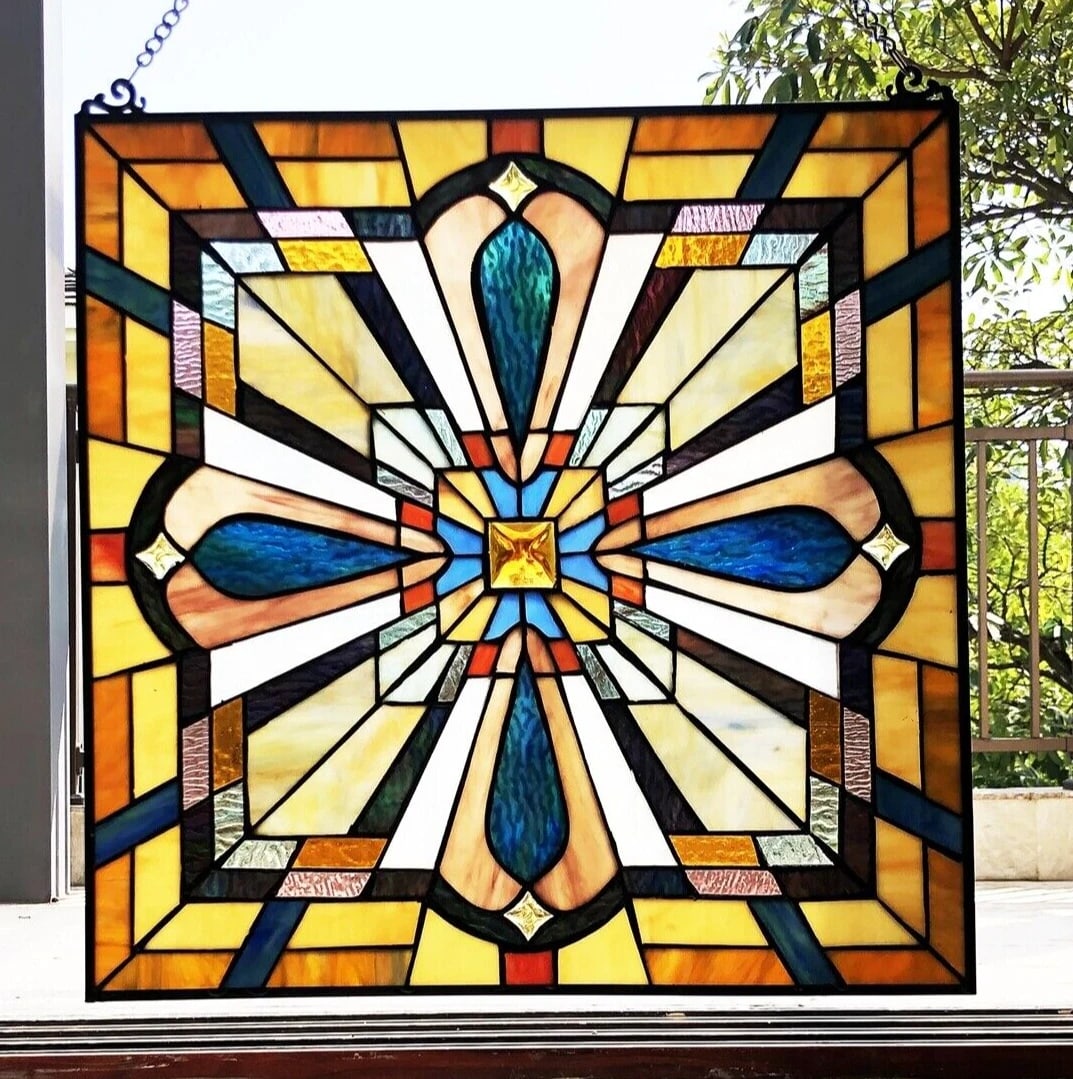 20" Square Panel Stained Glass Window Hanging Panel Suncatcher - 3