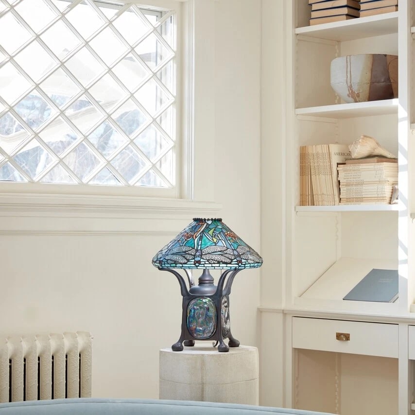 21.5" Blue Stained Glass Dragonfly Turtleback Table Lamp - 2