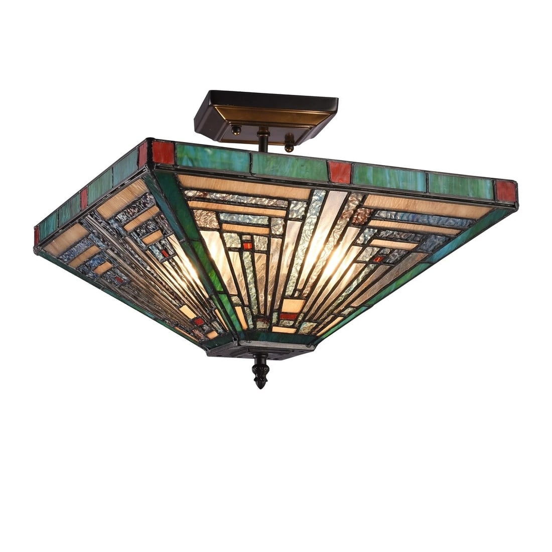 14" Mission Stained Glass Semi Flush Ceiling Uplight: Title:14" Mission Stained Glass Semi Flush Ceiling Uplight Description:(2) 60watt max 14"x 14"x 11.2 height" Wonderful reproduction mission style stained glass ceiling light! Made of all glass and met